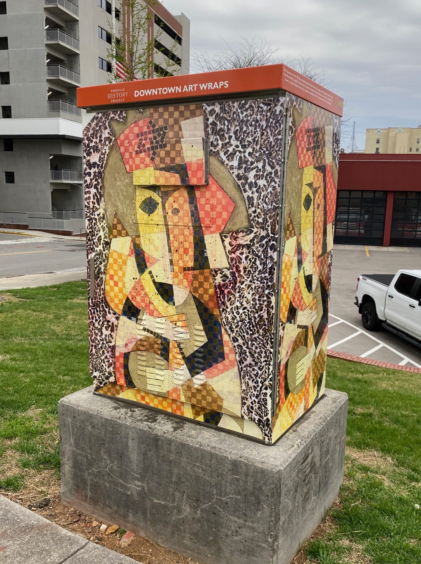 King David by Ted Burnett at W. Summit Hill Drive and Locust Street. Funded by This Downtown Art Wrap was sponsored by the Alice, George and Kenneth Palmer Fund for Arts & Sciences of the Knoxville Jewish Community Family of Funds, Chrissy Keuper, and Terry Faulkner to meet a match requirement for a grant provided by the Tennessee Arts Commission.