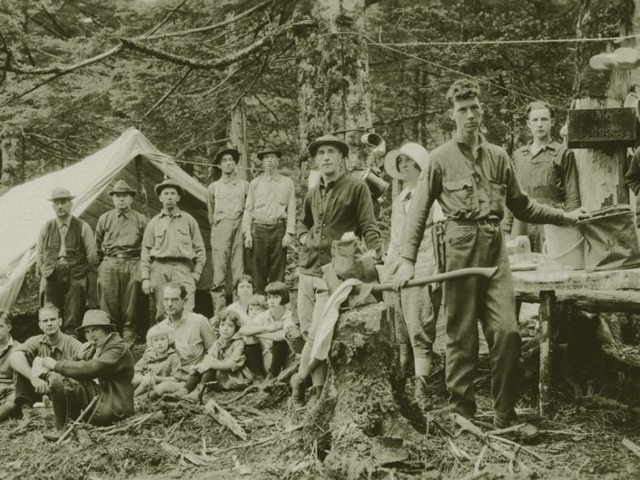 Visitors to the first official campsite on Mt Le Conte, July, 1925. (Great Smoky Mountains National Park Archive)