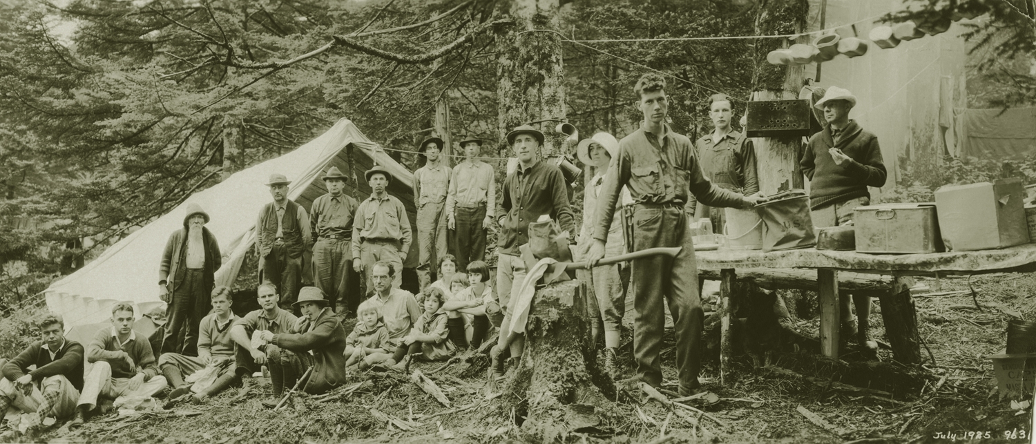 Visitors to the first official campsite on Mt Le Conte, July, 1925. (Great Smoky Mountains National Park Archive)