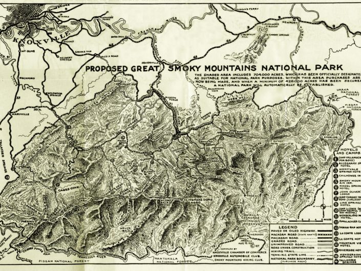 Map of the "Proposed" Smokies, drawn by Harry Ijams, 1930. From a 1930s promotional brochure. (Paul James)