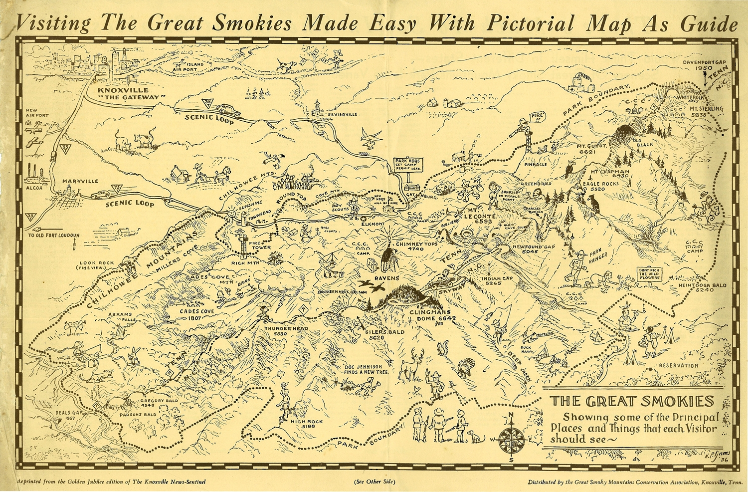 Great Smokies Map drawn by Harry Ijams, as featured in the Knoxville News-Sentinel's Golden Jubilee Edition in July, 1936. (Courtesy of the Great Smoky Mountains National park Archive.)
