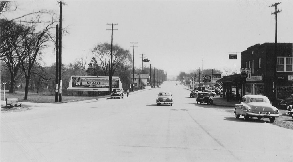 Looking east along Kingston Pike at the Weisgarber intersection, circa 1950. (Post Sign Company Collection, KHP)