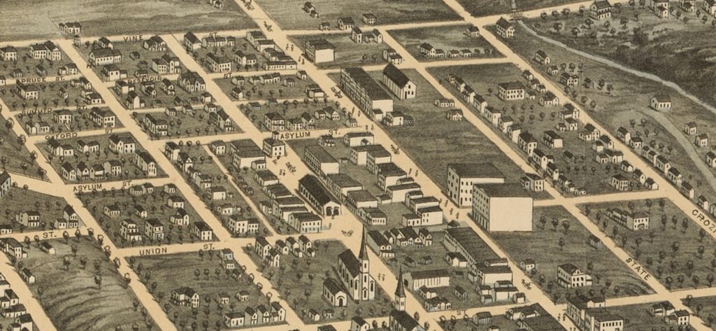 Knoxville, 1871 (Detail) showing Market Square and the first City Hall building on Asylum Street just north of the Market House (Library of Congress) 