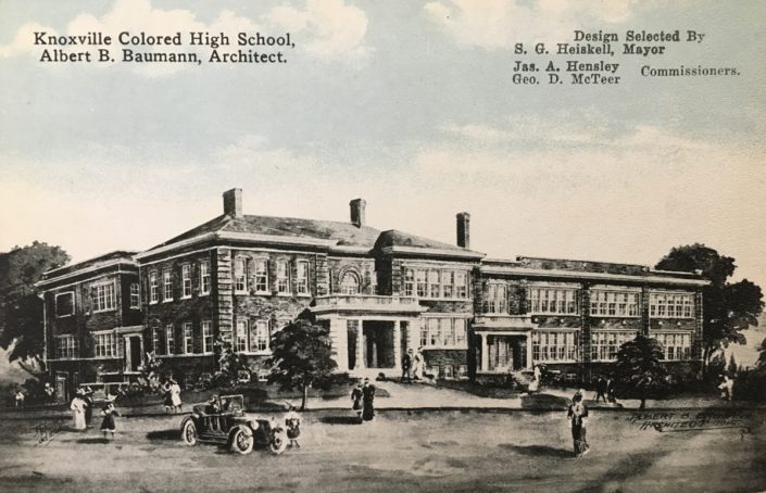 This is a relatively rare postcard depicting a landmark central to the African American community. The "Colored High School" was the name of Knoxville's public school for black students, built in 1915 on old Payne Avenue, just east of downtown. Designed by Albert B. Baumann, Sr., it replaced the original Austin High, which was on Central, near the old "Bowery" saloon district. This 1915 school, which accommodated both elementary and high-school students, was quickly overcrowded. The old name was revived in 1928, when a new high school was built on Vine Avenue, and survived in the combined black and white high school known as Austin East. This building no longer exists, and in fact Payne Avenue itself was erased during urban renewal in the late 1950s. (Postcard shared by Cindy & Mark Proteau) 