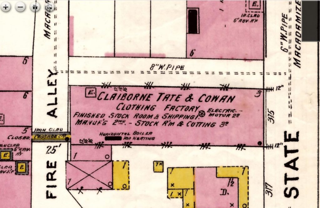 Snaborn Fire Insurance map, 1903 (detail) showing occupancy by Claiborne Tate & Cowan (University of Tennessee Libraries)