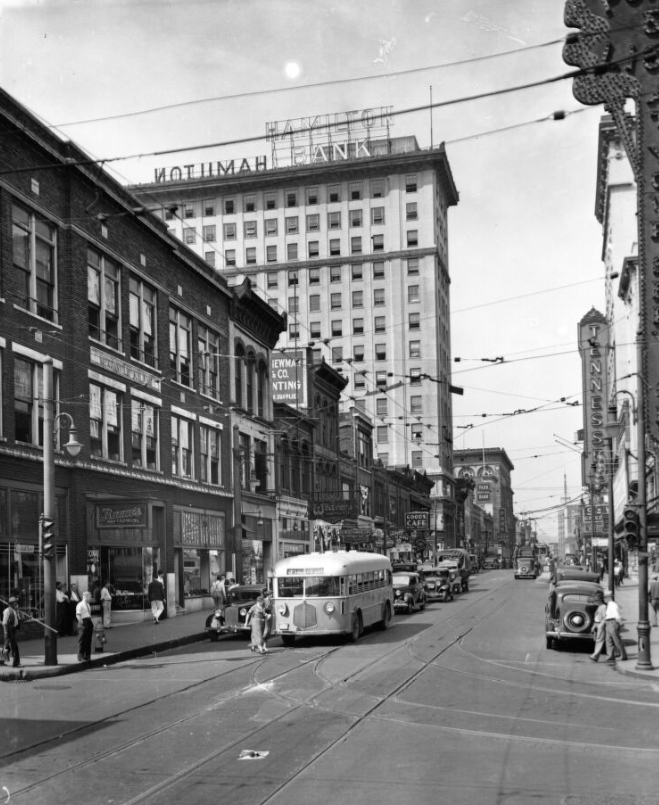 Gay Street looking north with the Holston Building (then the Hamilton Bank), in the background, 1935. (McClung Historical Collection) 