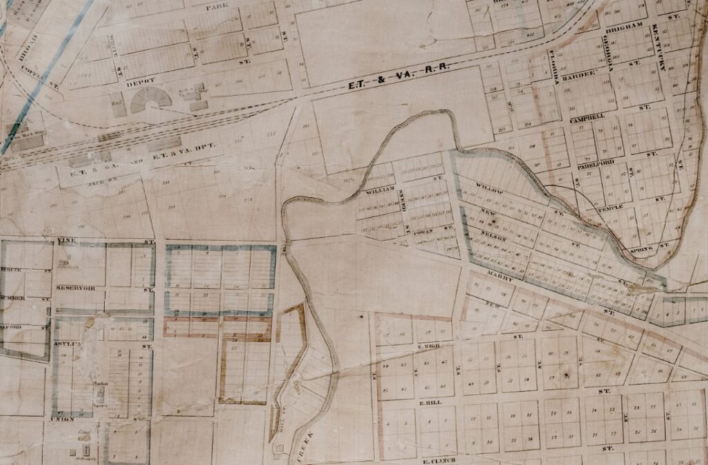 Map of Knoxville, 1867 (detail) showing Cripple Creek east of today's Old City. (McClung Historical Collection.)