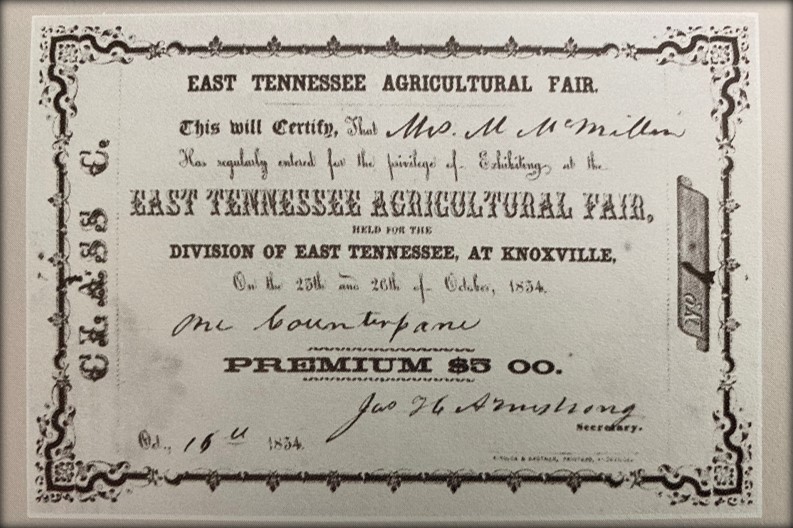 Exhibitor's Certificate, East Tennessee Agricultural Fair, 1854 (from "Meet Me at the Fair" by Stephen Ash.)