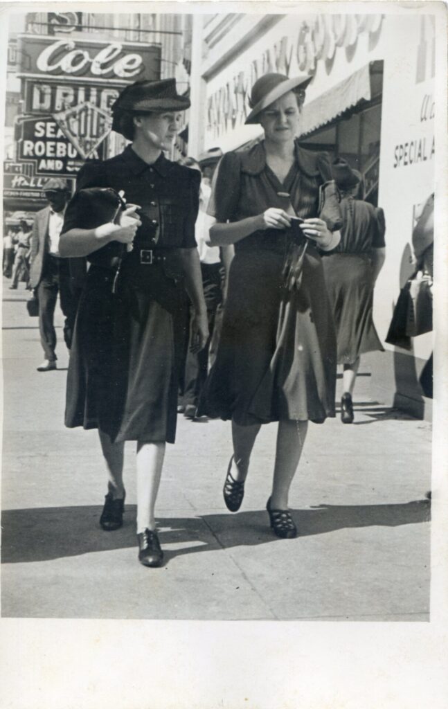 Personal postcard featuring Aunt Dot and Aunt Mabel (on right) on Gay Street near Wall Avenue, circa early 1940s. (Courtesy of Jack Neely)