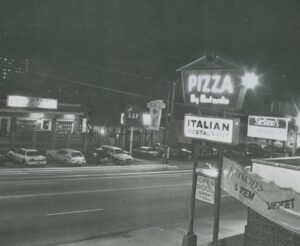 The Strip, 1990. The Last Lap and Stefano's are across the street from Antonio's. (University of Tennessee Libraries.)