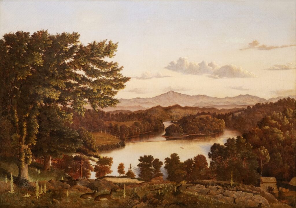 James Cameron (Greenock, Scotland 1816-1882 Oakland, California). Belle Isle from Lyons View, 1859. Oil on canvas, 30 x 42 inches. Knoxville Museum of Art, 2013 purchase with funds provided by the Rachael Patterson Young Art Acquisition Reserve, Clayton Family Foundation, Knoxville Museum of Art’s Collectors Circle, Guild of the Knoxville Museum of Art, Townes Osborn, June and Rob Heller, Alexandra Rosen and Donald Cooney, John Thomas, Laura and Jason Bales, Mrs. M. Blair Corkran, Jayne and Myron Ely, Kitsy and Lou Hartley, and Sylvia and Jan Peters.