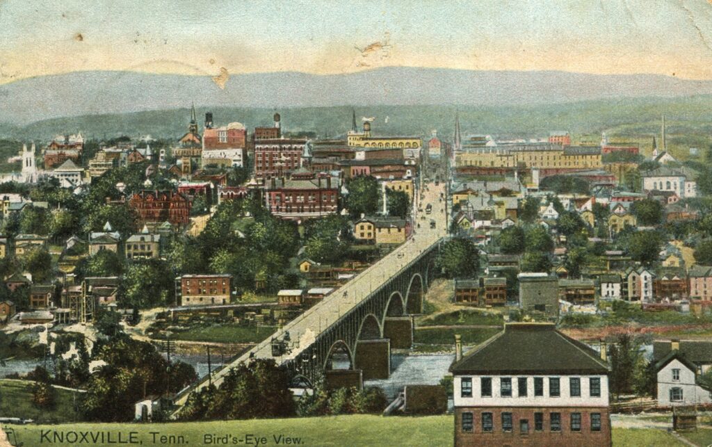 A Bird's Eye View of Downtown Knoxville from Gobblers Knob, circa 1905, an old name for the hill at the end of the Gay Street Bridge. The building in the foreground is the old South Knoxville Grammar School, built in 1902. (Alec Reidl Knoxville Postcard Collection/KHP.) 
