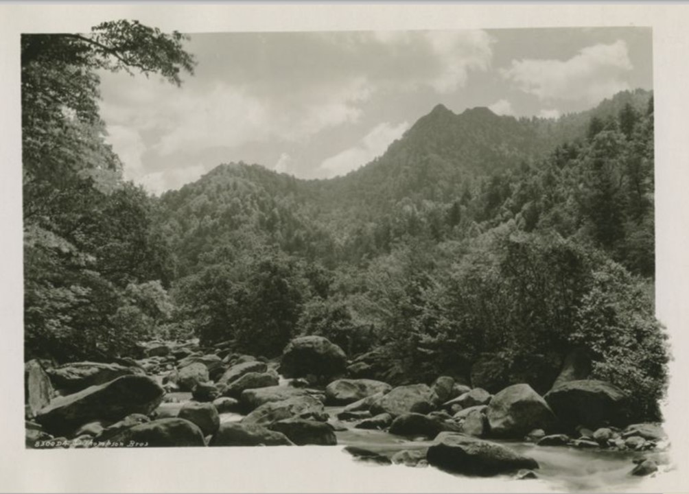 "Approaching Chimney Tops," a pre-national park photograph in the Smoky Mountains by Jim Thompson. (KHP.)