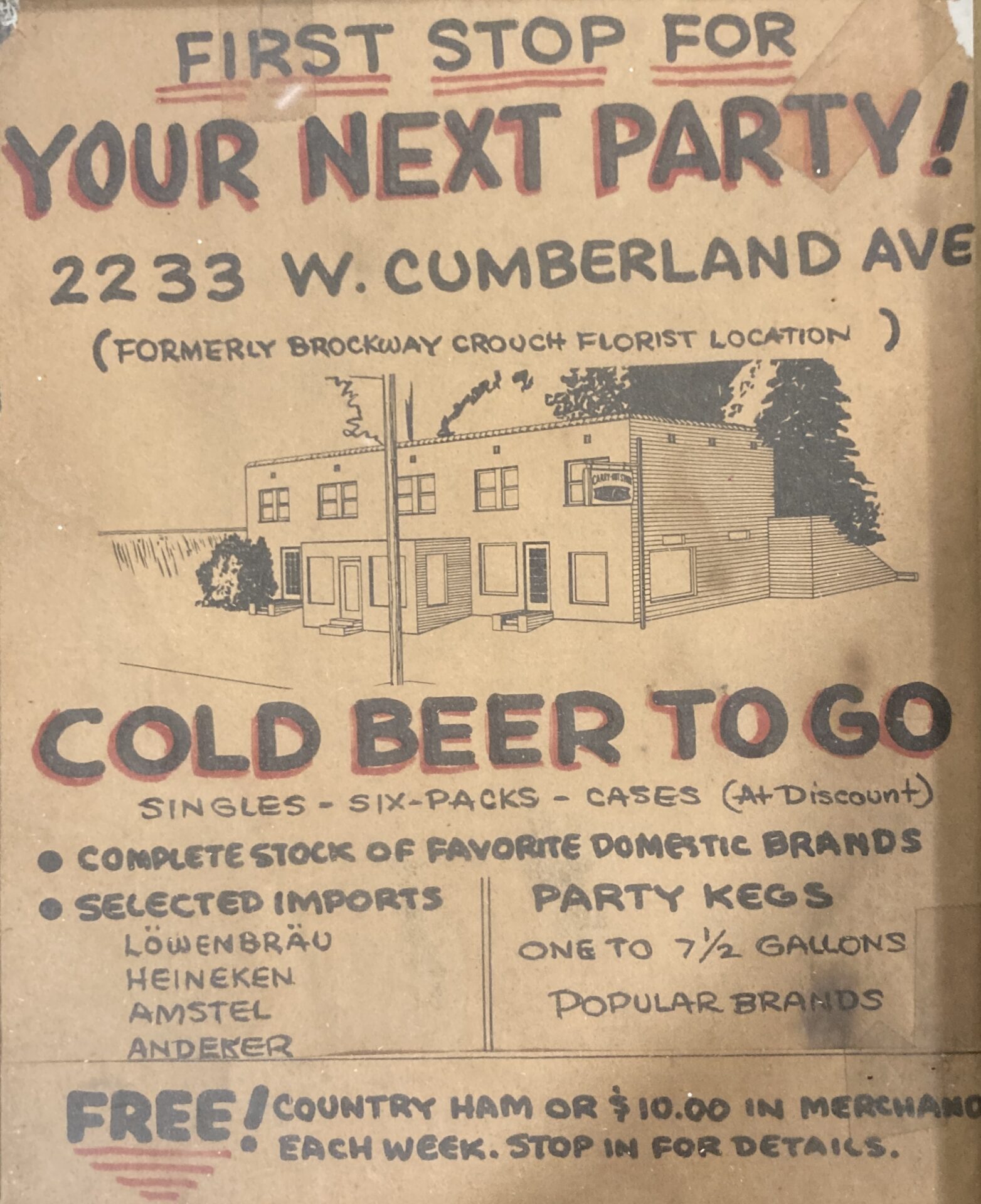Cumberland Avenue Licqor store, formerly Brockway Crouch's florist shop (Gen. Robert Neyland used to stop in here before UT Vols games to get a boutonniere to wear.) Crouch was also a dog breeder, Smoky Mountain hiker and conservationist, and an amateur ornithologist.